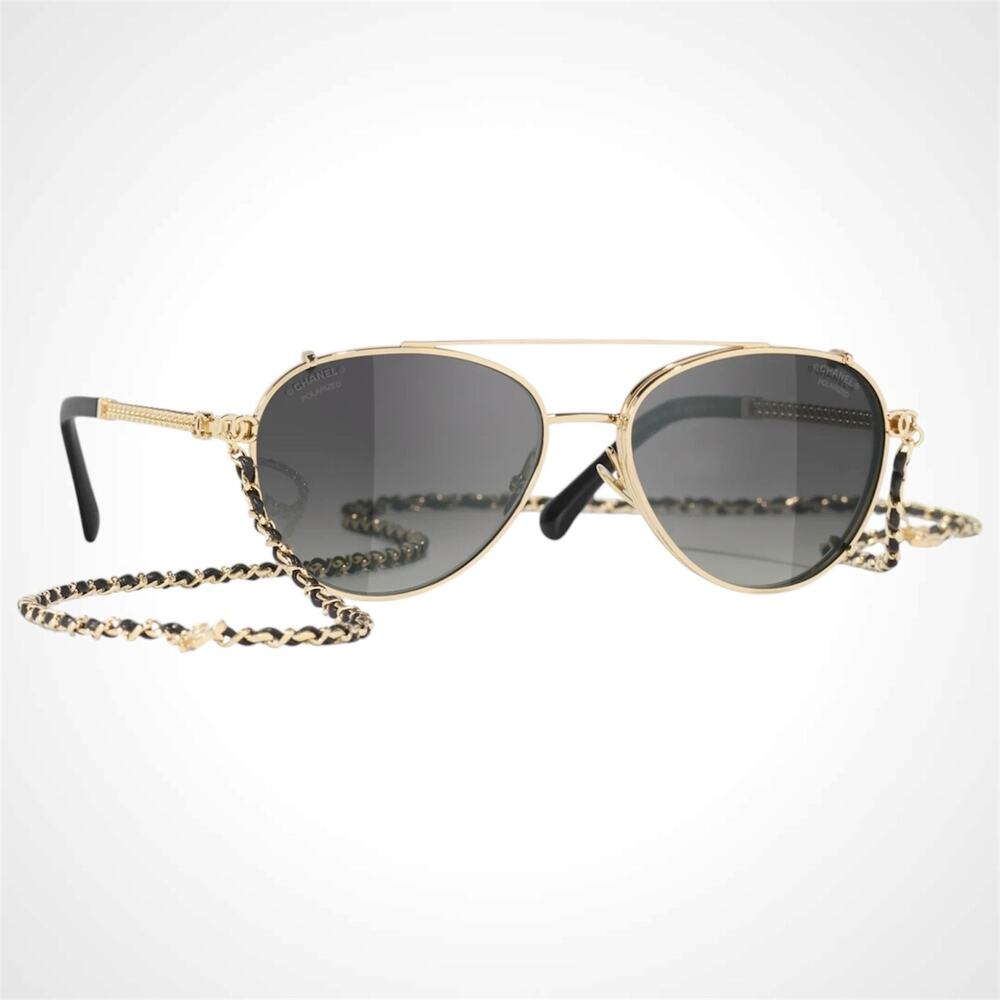 New CHANEL Sunglasses Gold Pilot Aviator Polarized Lens Chain CC CH4292 - Picture 1 of 5